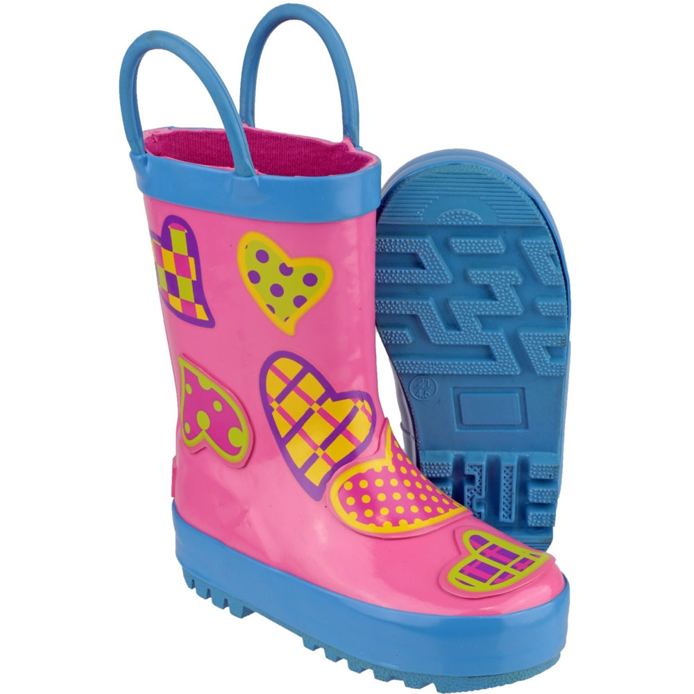 Cotswold Girls Puddle Patterned Rubber Welly Wellington Boot Pink