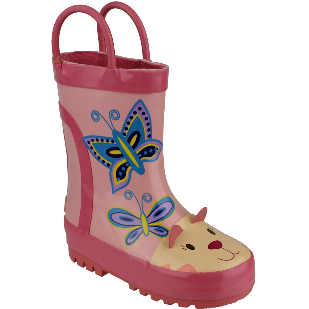 Cotswold Girls Puddle Patterned Rubber Welly Wellington Boot Pink