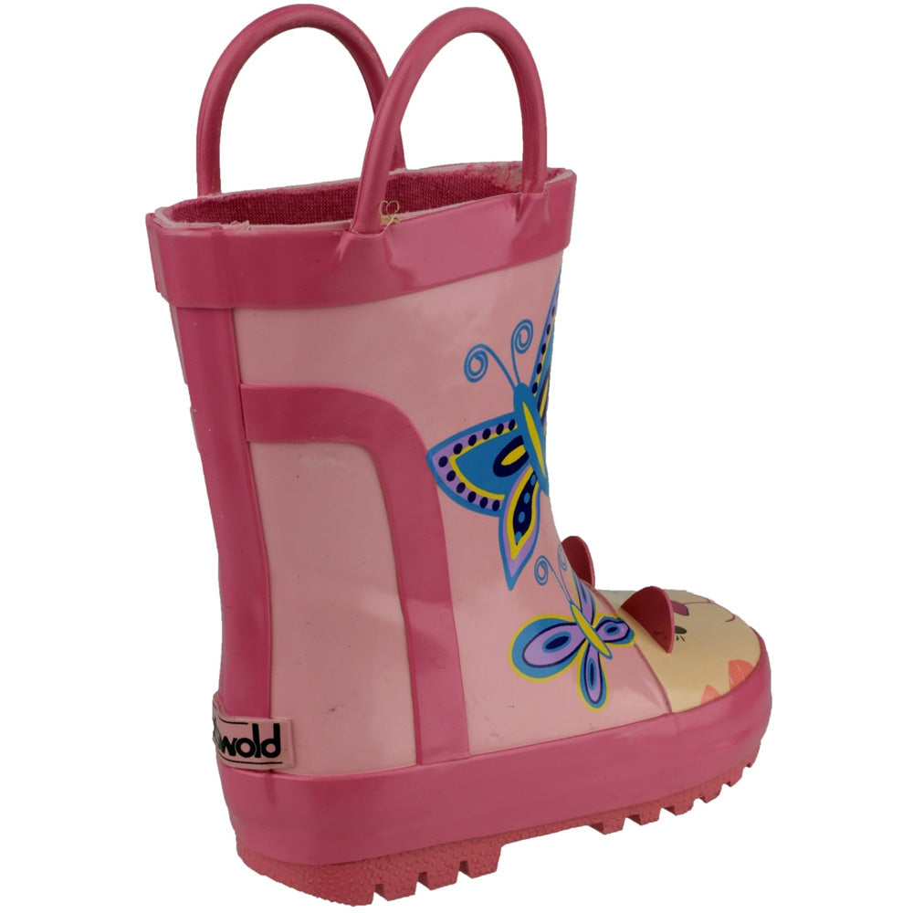 Cotswold Girls Puddle Patterned Rubber Welly Wellington Boot Pink