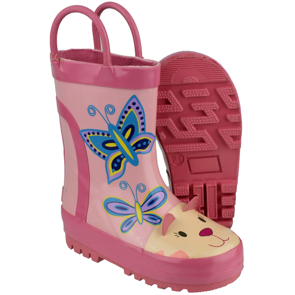 Cotswold Girls Puddle Patterned Rubber Welly Wellington Boot Pink