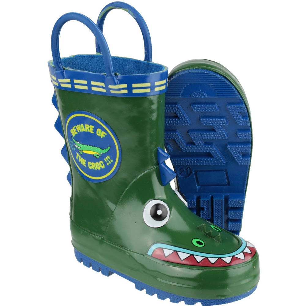 Cotswold Boys Puddle Patterned Rubber Welly Wellington Boot Green