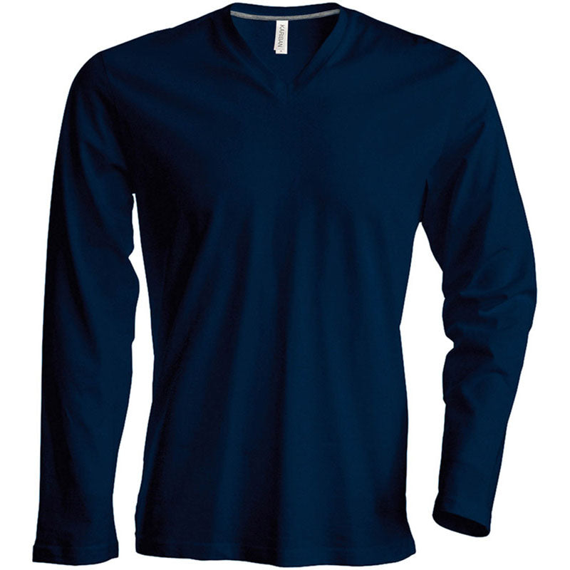 Kariban Mens Slim Fit Long Sleeve V Neck Plain Colours Cotton T-Shirt
