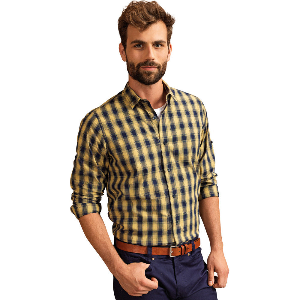 Premier Mens Mulligan Check Cotton Long Sleeve Casual Shirt