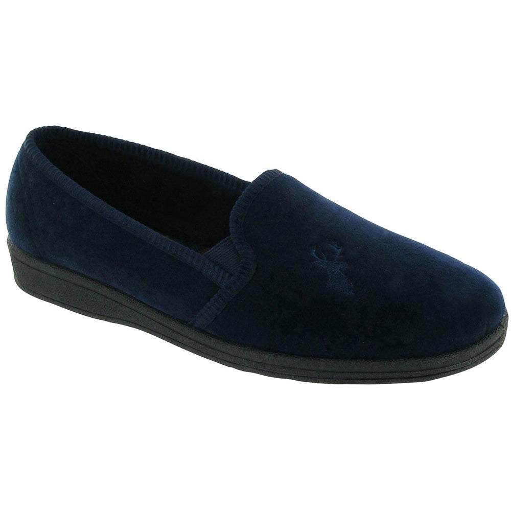 Mirak Mens Stag Slip-On Stag Embroidered Textile Slipper Navy