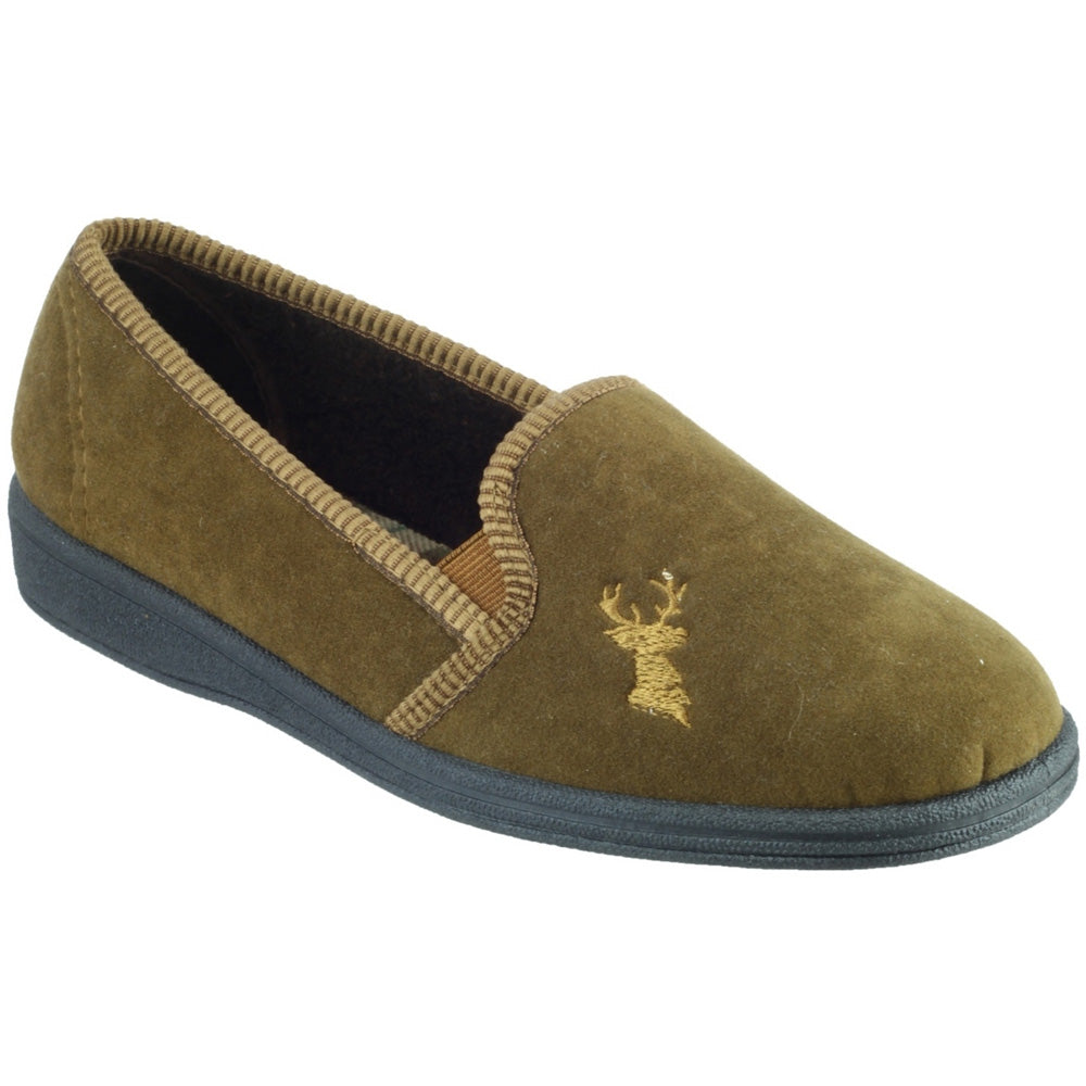 Mirak Mens Stag Slip-On Stag Embroidered Textile Slipper Brown