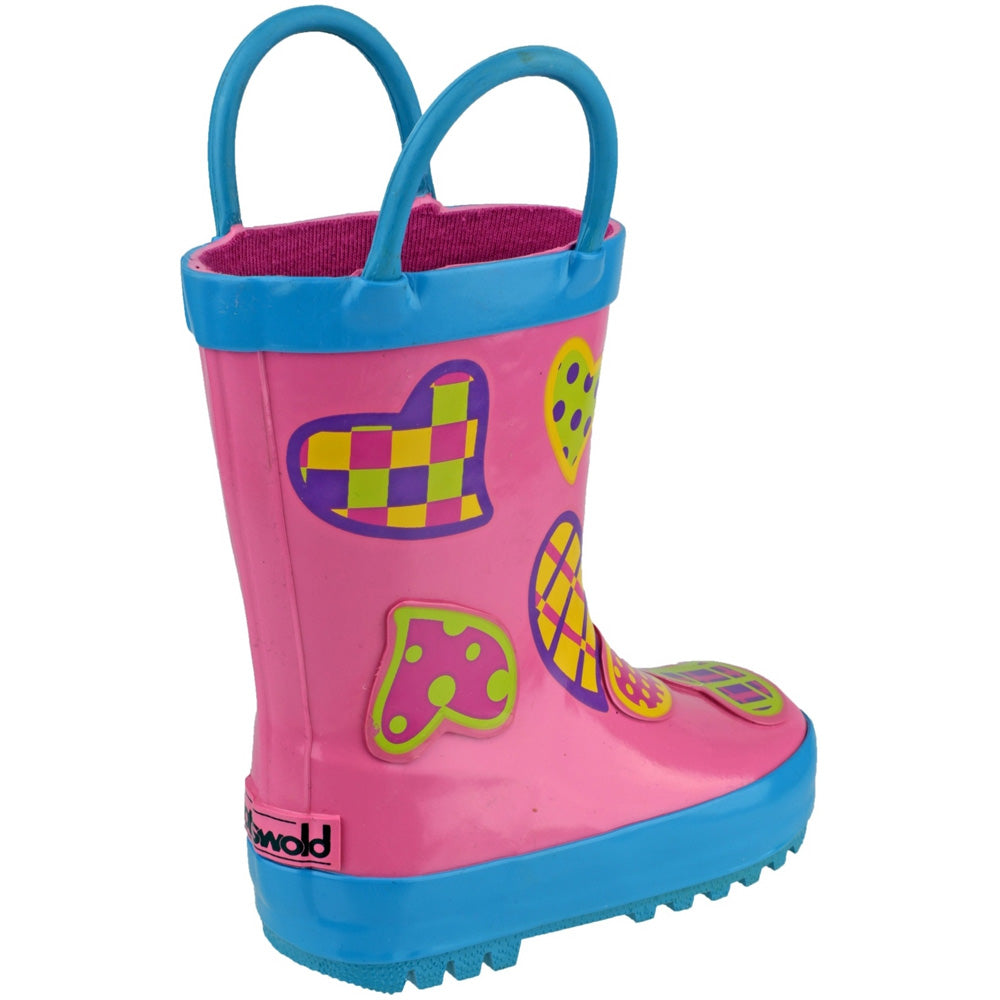 Cotswold Girls Puddle Patterned Rubber Welly Wellington Boot Pink