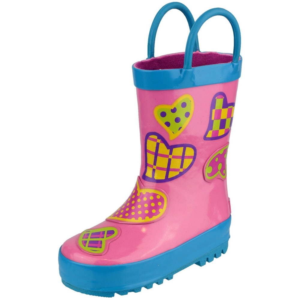 Cotswold Girls Puddle Patterned Rubber Welly Wellington Boot Pink