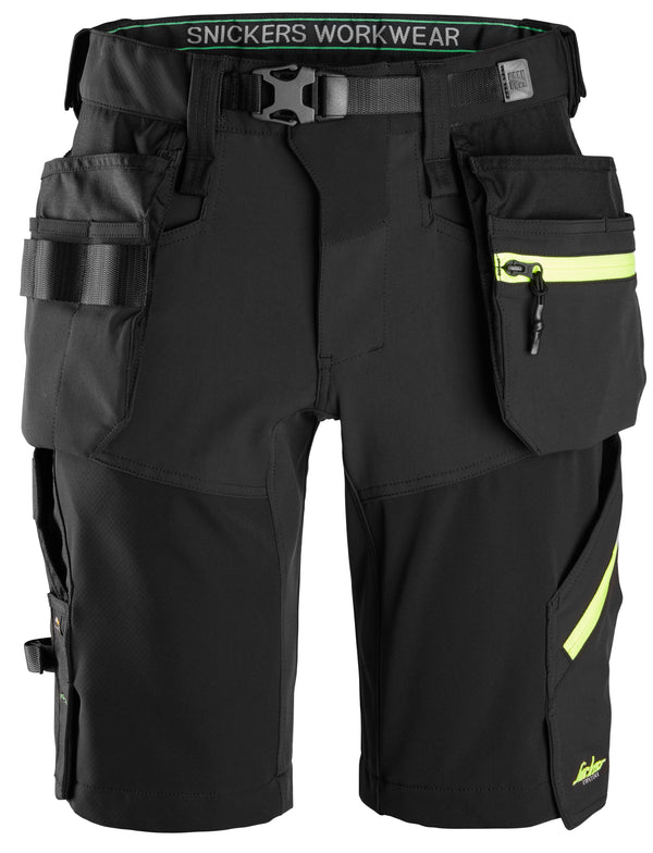 FlexiWork, Softshell Stretch Shorts+ Holster Pockets - Black\Neon Yellow - 0467