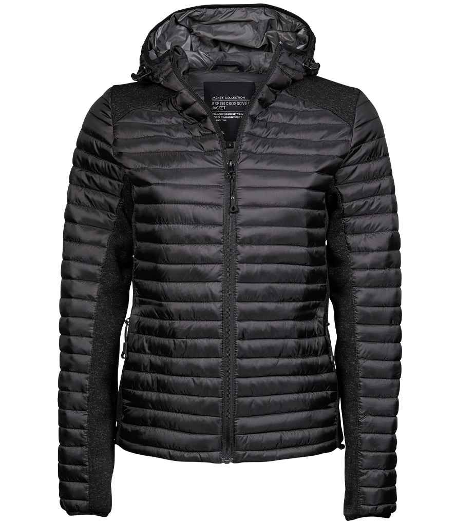 Tee Jays Ladies Crossover Hooded Padded Outdoor Jacket - Black/Black Melange