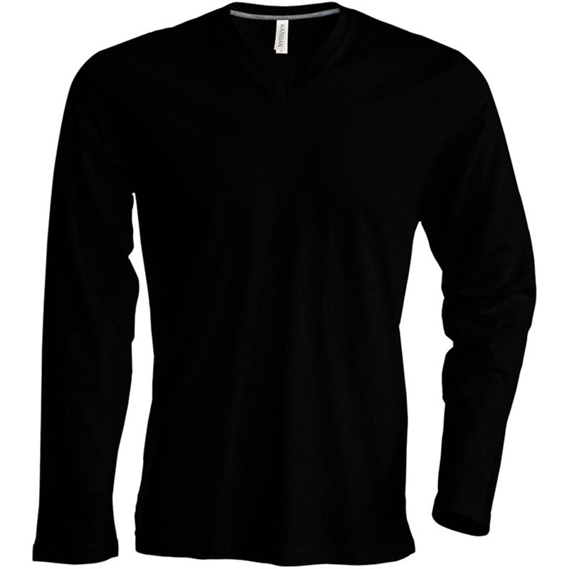 Kariban Mens Slim Fit Long Sleeve V Neck Plain Colours Cotton T-Shirt
