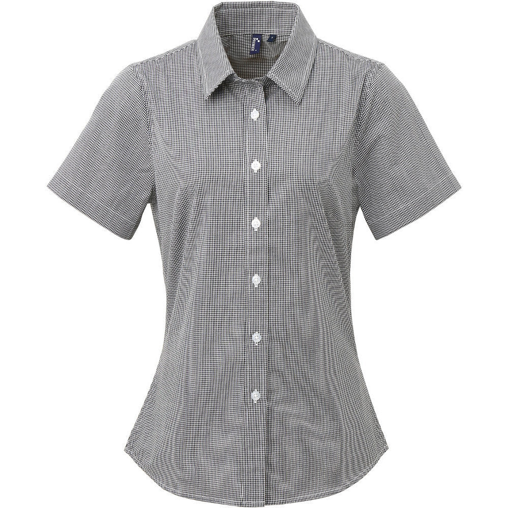 Premier Womens Ladies Gingham Microcheck Short Sleeve Corporate Shirt