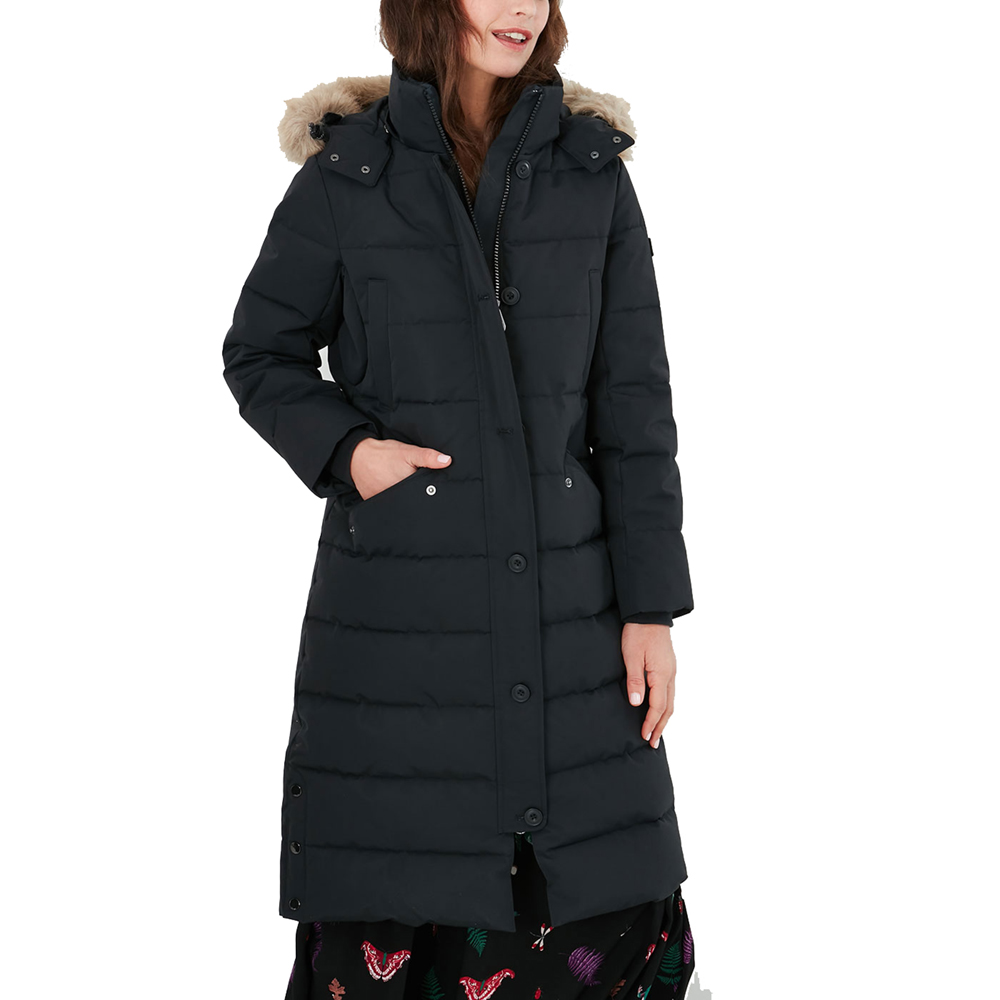 Joules Womens Cotsland Coat Puffer Warm Long Length Fur Trim Hooded ...