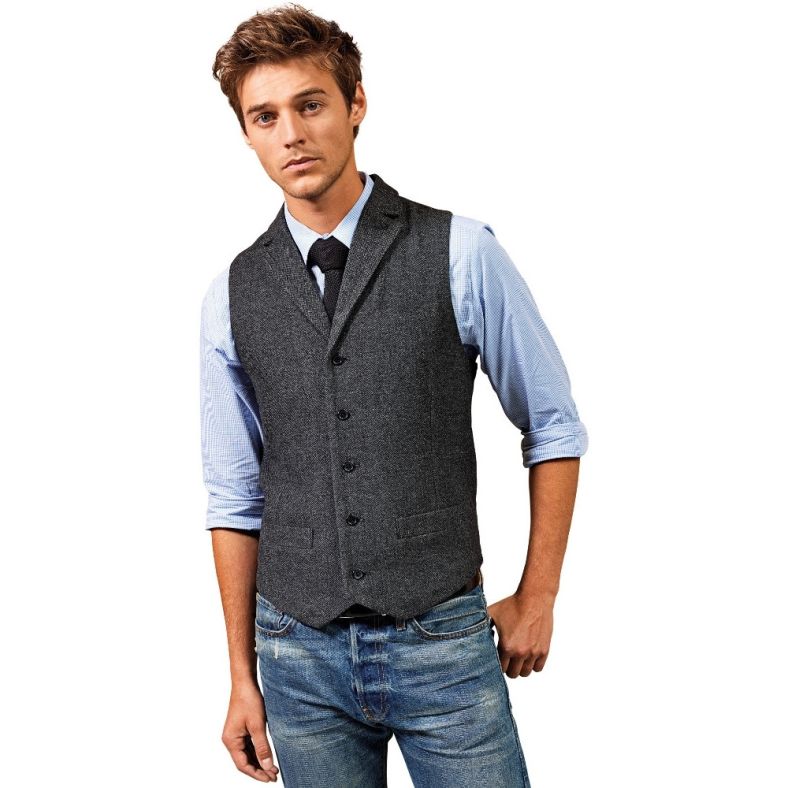 Premier Mens Herringbone Wool Blend 5 Button Work Waistcoat | Brookes