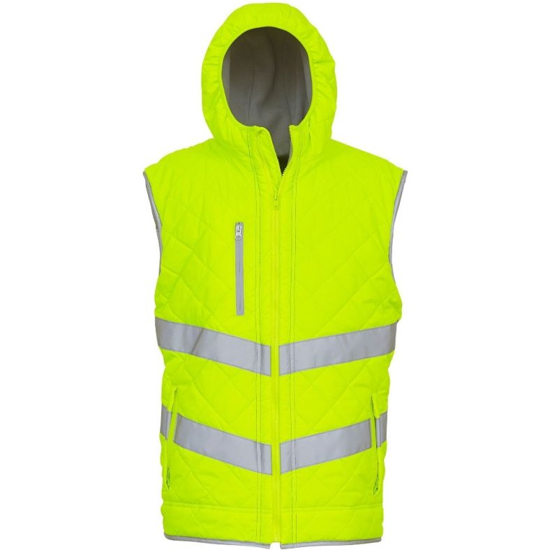 Yoko Mens Hi Vis Kensington Quilted Hooded Showerproof Safety Gilet Brookes